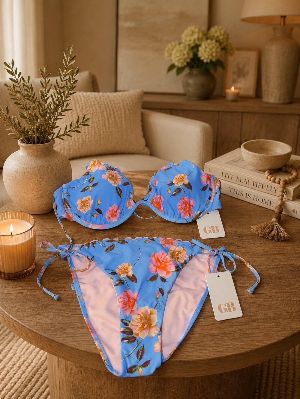 GB Bella Flora Blue Floral Textured Bikini Set Underwire Tie Side L NWT Swim Top